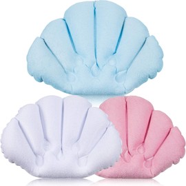 3 Pieces Inflatable Bath Pillow with Suction Cups,Terry Cloth Covered Bath Pillow Shell Shape Bathtub Spa Pillow Comfortable Soft Bath Cushion, Neck Support for Bathtub, Hot Tub (Pink,Blue,White)