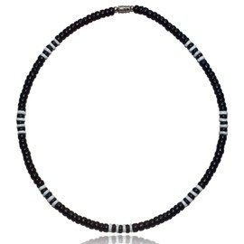 Native Treasure 18" Mens and Womens Tropical Summer Beach Surfer Necklace From the Philippines, Black Coconut Beads and White Ark Shells