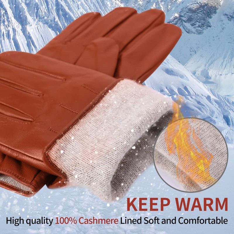 MGGMOKAY Mens Nappa Lambskin Leather Gloves(100% Cashmere Lining),Cognac,Small