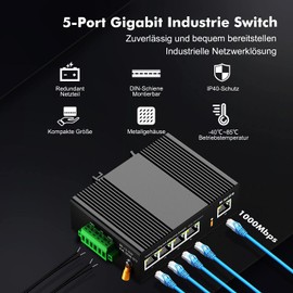 MokerLink 5 Port Gigabit Industrial DIN-Rail Ethernet Switch DIN Rail 14Gbps Switching Capacity IP40 Unmanaged Network Switch (-40 to 185°F) with Power Supply