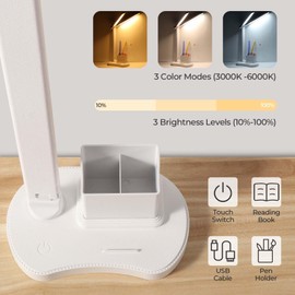 Vinabo Desk Lamp LED Table Lamp, LED Desk Lamp Eye Protection, USB Desk Light, Touch, 3 Brightness, 3 Colours, Dimmable, for Study Lamp, Desk Light Children, Bedroom, Bedside Table, Office