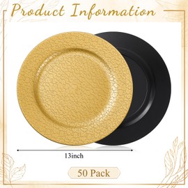 Maxdot 50 Pcs Gold Charger Plates 13 Inches Round Cracked Pattern Plastic Charger Plates Wedding Dinner Elegant for Table Setting Plate Wedding Party Serve Ware Event Decoration