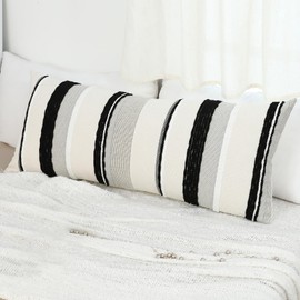 Labilin Boho Long Lumbar Pillow Covers 14x36 Inch Black and White Striped Chenille Throw Pillow Covers Rectangle Decorative Pillowcases for Sofa Couch Bed Living Room Farmhouse Decor