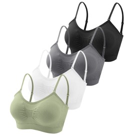 Omisy 4 Pieces V Neck Padded Bralette Cami Bra Wireless Tank Top Bra Sports Bra with Adjustable Straps, Medium, Black, White, Olive, Dark-grey