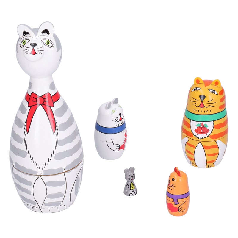 5Pcs Nesting Dolls Kit Innovative Cartoon LongNecked Cat Ornament Wooden