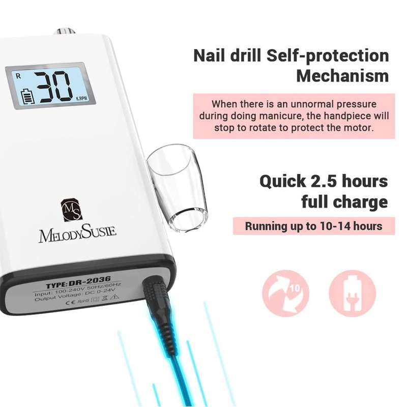 MelodySusie Professional Rechargeable 30000 rpm Nail Drill,SC320H Portable Electric E