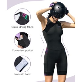 Santic Women's Triathlon Suit Tri-Suit with Padded One-Piece Sleeveless Swimsuit Quick-Dry Back Zipper （Black-Purple,XXL）