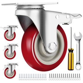 Caster Wheels 4 Inch, Heavy Duty Caster Set of 4, Swivel Castor Wheel with Dual Locking Brakes, Silent Polyurethane (PU) Wheels, 360° Rotation, for Furniture and Workbench, Load 2600lbs