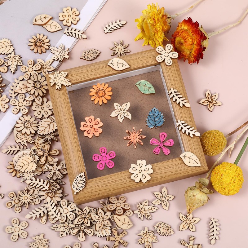 100 Pcs Unfinished Wood Flowers Wood Slice, Flower Leaf Embellishments