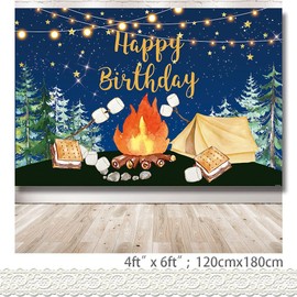 Rcoaror Camping Happy Birthday Backdrop Campfire Forest Tent S’Mores Camper Birthday Decorations Adventure Background for Photography Photo Studio 71X47inch