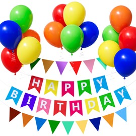 Unisun Rainbow Birthday Decorations, Colourful Balloons with Happy Birthday Banner Rainbow Bunting, Rainbow Party Decorations for Kids Boys Girls