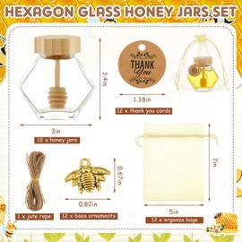 Pickmesh 12 Pcs Hexagonal Glass Honey Jars with Spoon, 3.38 oz Honey Dispenser with Wooden Spoon Bee Charm Thank You Card Organza Bag Mini Honey Jars for Baby Shower Wedding Party Favor Decorations