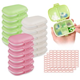 18 Pack Travel Pill Boxes Bulk Small Pill Case Portable Pill Organizer 8 Compartments Pill Box Dispenser Daily Vitamin Jewelry Organizer Travel Must Haveswith(3 Colors with 192 Pcs Labels)
