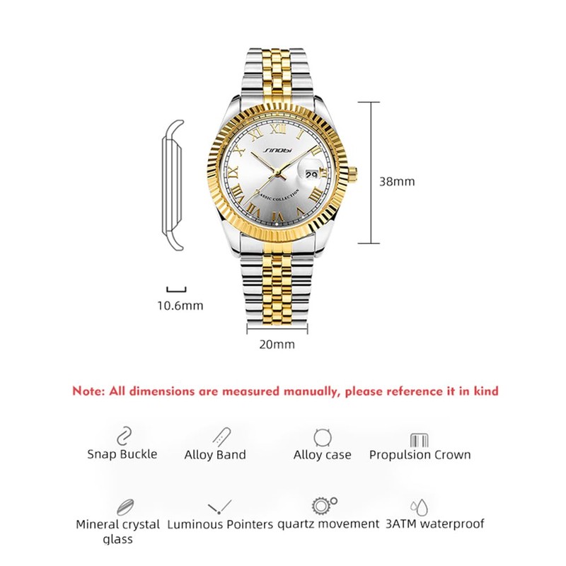 SINOBI Classic Stainless Steel Calendar Watches for Men(Silver-Gold)