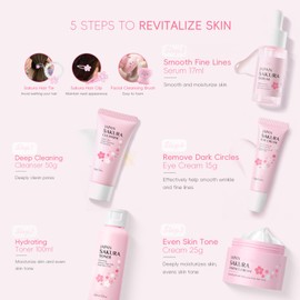 8PCS Sakura Skin Care Sets & Kits for Teenage Girls-Moisturizing and Hydrating Sets- Facial Cleansing Brush Cleanser, Toner, Serum, Eye Cream, Face Cream, Hair Clip&Tie,Complete Gift Sets for Women