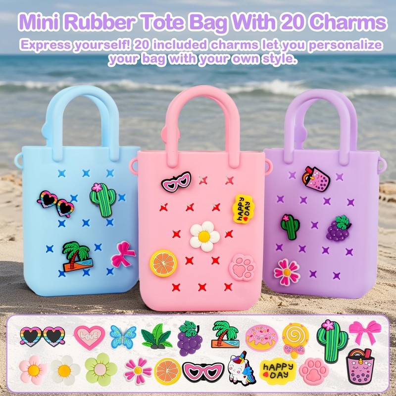 Silicone Small Rubber Beach Bag with 20 Charms, Hole Handbag