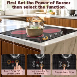 Karienvir Electric Cooktop 24 Inch, 4 Burner Electric Stove 6000W, Textured Pattern, 9 Power Lecels, 220V-240V Built-in Electrics Radiant Cooktop, Knob Control, Safe Lock, Timer, Pause