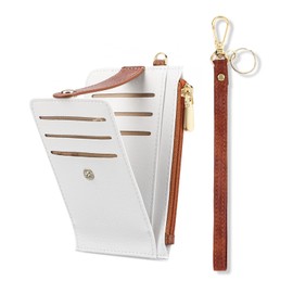 RFID Card Holder Wallet, Keychain Wristlet Wallet With 9 Card Slots, 1 ID Window and Zipper Pocket, PU Leather Slim Wallet for Women (White-Brown)