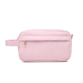 BesoAbrazo Corduroy Travel Cosmetic Bag, Toiletry Bag, Makeup Organizer Tote Bag for Women, Skincare Essentials Storage Pouch, Zipper Closure Purses, Portable Handle, Pink