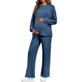 Yousify Womens Maternity Pajamas Sets 2 Piece Outfits Ribbed Knit Long Sleeve Tops Pants Loungewear Mama Clothes Navy