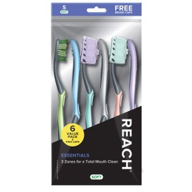 Reach Essentials Toothbrush with Toothbrush Caps, Multi-Zoned Angled Soft Bristles, Contoured Handle, Tongue Scraper, 6 Count