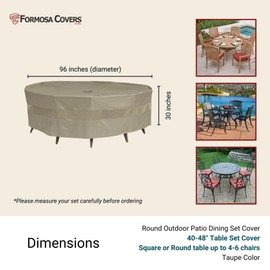 Formosa Covers | Premium Outdoor Patio Table Set Cover with hole for Umbrella | Round 96" Dia. X 31"H | Weatherguard Material | Taupe