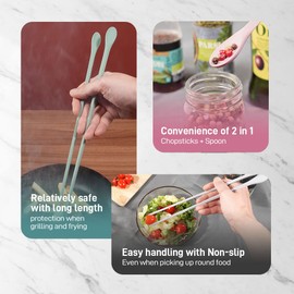 RECOHOME Reusable Long Silicone Cooking Chopsticks with Spoon 12 Inches Dishwasher Safe BPA-free Non-Slip Pastel Color Kitchen utensils Made in Korea (Set)