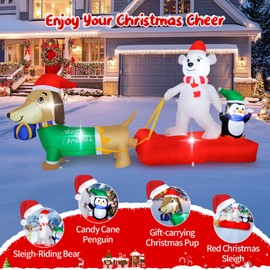8FT Christmas Inflatable Outdoor Lighted Polar Bear & Penguins Carrying Dog Sleigh Decor, Sleigh-Riding Bear with a Candy Cane-Holding Penguin Yard Decor for Xmas Holiday, Indoor & Outside