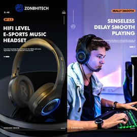 zonbhitech Adult Noise Cancelling Headphones Wireless Bluetooth Headphones with Microphone Deep Bass,Foldable Comfortable Over Ear Headphones for Cellphone PC Game Class Travel Office Home A8 Black