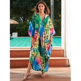 sunforyou Caftans Plus size Beach Kaftan Dresses for Women Beach Tops Green Print Colorful Leopard Swimsuit Cover up Soft Loungewear(8759-18)