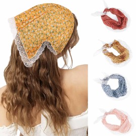 Acenail Boho Hair Bandanas Wide Floral Bandana Headbands Non Slip Tie Back Hair Scarfs Summer Lace Head Kerchief Headband Bohemian Head Wraps Fashion Hair Accessories for Women 4Pcs (Floral)