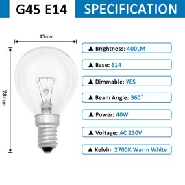 SCNNC Oven Lamp 300 Degree Heat Resistant E14 Dimmable 230 V Oven G45 400LM Warm White 2700 K 45 mm P45 Globe Clear Oven Lamp E14 for Oven, Lava Lamp, Microwaves, Pack of 5