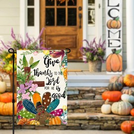 RABUSOFA Give Thanks Fall Thanksgiving Garden Flag 12x18 Inch Double Sided Outside, Turkey Cross Floral Pumpkin Yard Outdoor Decorative Flag Small