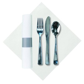 Hoffmaster 119956 Silver Metallic Cater Wrap Pre-rolled Linen-Like Napkin with heavyweight Knife, Fork and Spoon set (Each case has 100 pieces) (Pack of 100)