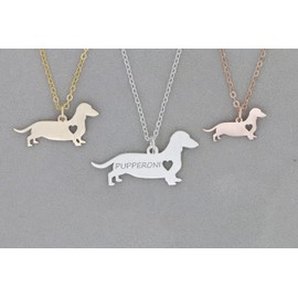 Miniature Dachshund Dog Necklace - IBD - Dotson - Personalize Name Date - Pendant Size Options - Sterling Silver 14K Rose Gold Filled Charm