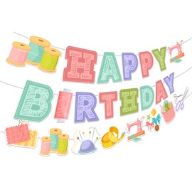 SHADOAMP Sewing Banner Garland, Sewing Happy Birthday Banner Sewing Tool Tailor Garland DIY Required Craft for Sewing Lover Women Girl Mother, Sewing Themed Birthday Quilting Party Decorations