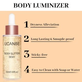 UCANBE Iluminador corporal hidratante con brillo, gotas luminizadoras para el cuerpo, brillo líquido para el rostro, con destellos, ideal para regalar a mujeres (Oro champán - 01)