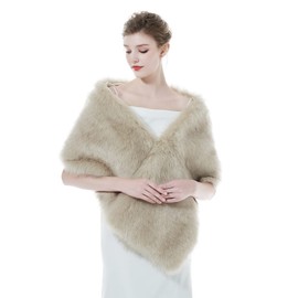 BEAUTELICATE Faux Fur Stole Scarf Women's Faux Fur Bolero Bridal Jacket Fur Bridal Scarf Bridal Stole Winter for Wedding Bridal Evening Dress Festive, Long Fur Beige