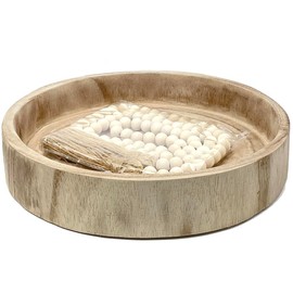 12.6" Wooden Round Hand-Carved Tray and A Wood Bead Tassel String Decorative Centerpiece Paulownia Real Wood Serving Trays Wedding Farmhouse Decoration,Natural