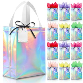 KeerxunBag 12pcs Premium Gift Bags Set with Ribbon, Gift Tags, Tissue Paper & Cardstock - Reusable Handled Gift Wrap Kit for Birthdays,Weddings,Party,Parties, festivals - Medium 10x4x8 Inch Colorful