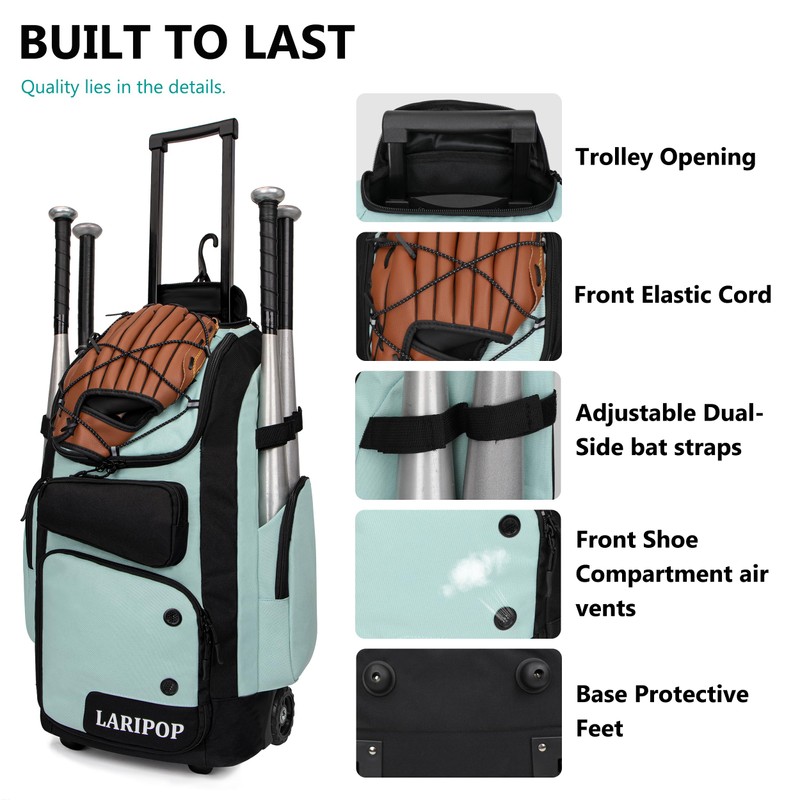 LARIPOP Rolling Baseball Bag Wheeled Softball Backpack, 55L Bat Bag