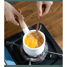 YumCute Home Enamel Milk Pan, Mini Butter Warmer 4 Inch 550ml Enamelware Saucepan Milk Warmer Small Cookware with Wooden Handle, Perfect Size for Heating Smaller Liquid Portions. (White)