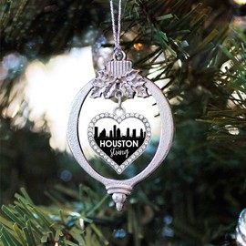 Inspired Silver - Houston Strong - City Skyline - Silver Christmas Ornament - Open Heart Charm Christmas Tree Ornament with Cubic Zirconia - Holiday Hanging Decoration