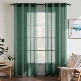 Emema Set of 2 Sheer Voile Curtains with Eyelets, Transparent Voile, Polyester, Eyelet Curtain, Living Room, Airy, Decorative Curtain for the Bedroom, 140 x 245 cm (W x H), Dark Green