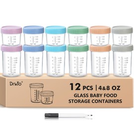 DRKIO 12 Pack Glass Baby Food Storage Containers - 4 & 8 oz Baby Food Jars with Lids Baby Food Maker Microwave Dishwasher Freezer Safe 100% Leak Proof BPA Free Reusable