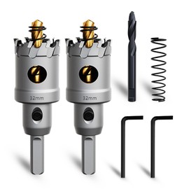 METOTY 2PCS 1-1/4''(32mm) Metal Hole Saw,Heavy Duty Tungsten Carbide Tipped Hole Cutters Set with a nitrided Step Drill and L-flench, for Steel Iron,Aluminum,Stainless stell,Plastic​