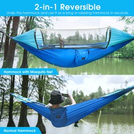 G4Free Large Camping Hammock with Mosquito Net 2 Person Pop-up Parachute Lightweight Hanging Hammocks Tree Straps Swing Hammock Bed for Outdoor Backpacking Backyard Hiking (Blue/Light Blue)