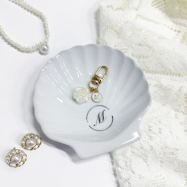 TIGERMILLION Ceramic Jewelry Tray, Shell Trinket Dish for Rings Earrings Necklaces Bracelet Watch Keys, Jewelry Dish Birthday Mother's Day Christmas Initial Gift for Women, 4.6”, (M)