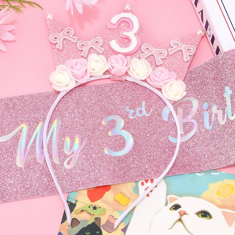 SuPoo 3rd Birthday Sash and Headband Crown Pink Bow 3rd