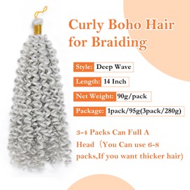 S-noilite Curly Braiding Hair,Marlybob Crochet Braids Hair Extensions 14 Inch Deep Wave Afro Kinky Jerry Curl Pre Stretched Ombre Braiding Hairpiece for Black Women,3 Pack 300g,Silvery Grey